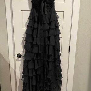 Sherri Hill Black Strapless Ruched Ruffle Dress